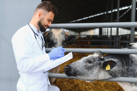 Veterinarian taking notes while examining a cow in a modern farm, ensuring animal health and welfareの写真素材