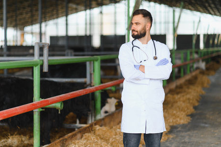 Veterinarian wearing lab coat and stethoscope standing with crossed arms in a barn, ensuring the...