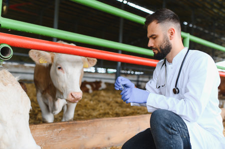 Veterinarian preparing a syringe for a cow, ensuring the health and productivity of the livestock in a modern farm environmentの写真素材