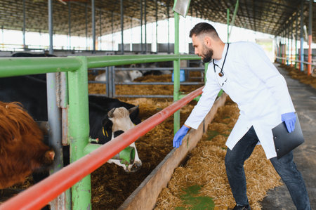 Veterinarian wearing gloves and holding a clipboard is carefully examining cows in a barn, ensuring...