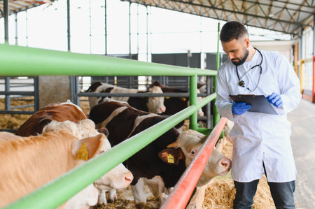Veterinarian taking notes while examining cows in a modern farm, ensuring the health and well being of the livestockの写真素材