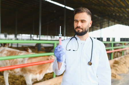 Veterinarian holding syringe, preparing vaccine for cows in barn, ensuring livestock health and disease preventionの写真素材