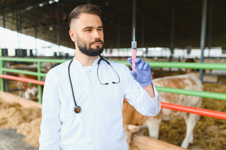 Veterinarian wearing gloves and holding a syringe, preparing vaccinations for cows in a barn, ensuring health and welfare of livestockの写真素材