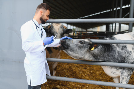 Veterinarian wearing gloves and holding clipboard is examining cows in a barn on a farm, taking notes on their healthの写真素材
