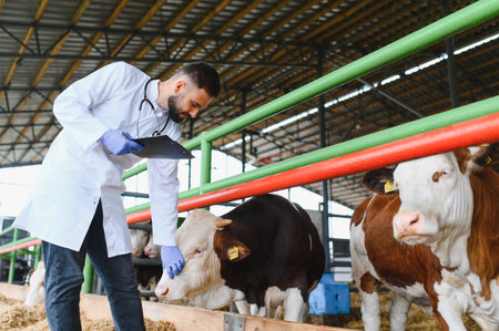 Veterinarian holding clipboard and examining head of cow in modern barn on dairy farm, ensuring animal health and welfareの写真素材