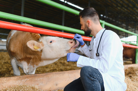 Veterinarian wearing gloves and using medical instrument examining cow's tongue in barn, providing specialized care for farm animalsの写真素材
