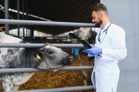Veterinarian wearing gloves and holding clipboard, examining health of cow in barn, ensuring quality care for livestockの写真素材