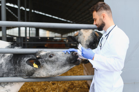 Veterinarian wearing gloves and holding clipboard, examining cow's health in modern farm barn, ensuring quality livestock careの写真素材