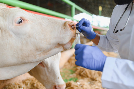 Veterinarian collecting nasal mucus from cow using cotton swab for examination and treatment in farm environmentの写真素材