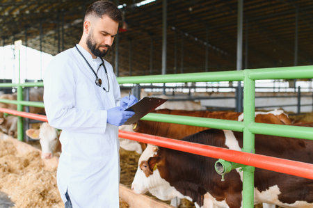 Veterinarian wearing white coat and blue gloves taking notes on clipboard while examining cows in stableの写真素材