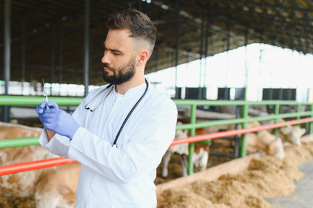 Veterinarian wearing gloves and holding a syringe, preparing vaccinations for cows while ensuring health and care in the barnの写真素材