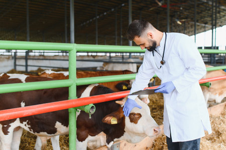 Veterinarian examining a cow's health in a modern farm, ensuring animal welfare and quality...