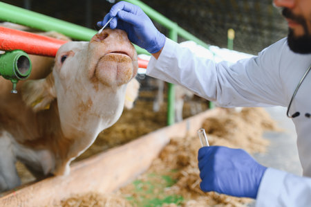 Veterinarian collecting nasal mucus from cow for diagnostic testing in farm, ensuring animal health and disease controlの写真素材