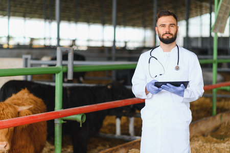 Veterinarian wearing gloves and using a tablet while examining cows in a barn, ensuring the health and welfare of livestock on the farmの写真素材