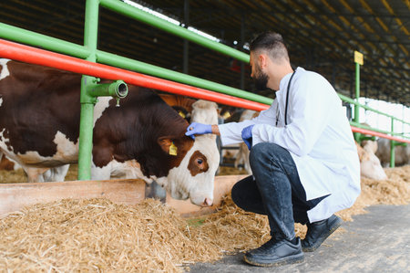 Veterinarian wearing gloves examining a cow's health in a farm, providing medical care to livestock in a controlled environmentの写真素材