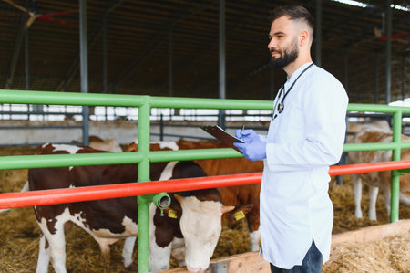 Veterinarian wearing lab coat and stethoscope writing on clipboard while examining cows in a stableの写真素材