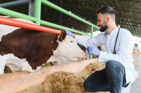 Veterinarian examining a cow in a modern barn, providing essential healthcare and disease prevention for livestock, ensuring animal welfareの写真素材