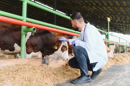 Veterinarian wearing gloves examining head of cow in modern barn, providing specialized treatment and care on farmの写真素材