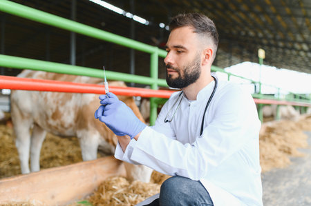 Veterinarian wearing gloves and holding syringe, preparing to vaccinate cow in barn on farm, ensuring animal health and disease preventionの写真素材