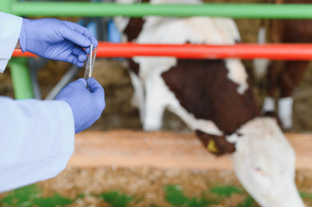 Veterinarian wearing gloves holding test tube and preparing injection for cow examination on a farmの写真素材