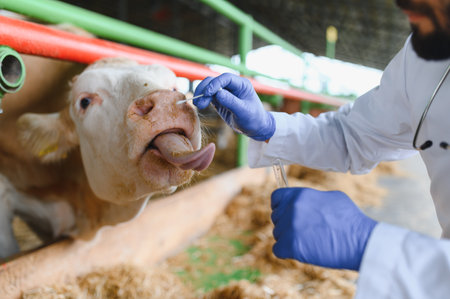 Veterinarian collecting nasal mucus sample from cow using cotton swab, conducting diagnostic test for livestock health monitoring on farmの写真素材