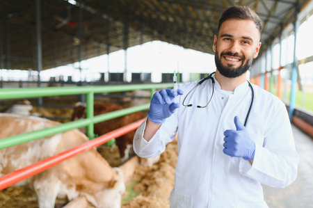 Smiling veterinarian holding a syringe and showing thumbs up, gesturing successful vaccination of cows in a barnの写真素材