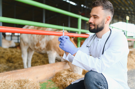 Veterinarian preparing a syringe for a cow vaccination inside a barn on a farm, ensuring livestock health and disease preventionの写真素材