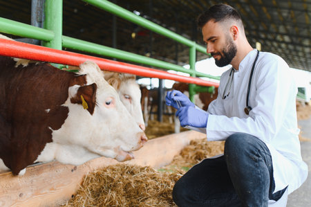 Veterinarian preparing a syringe for a cow vaccination inside a barn on a farm, ensuring livestock healthの写真素材