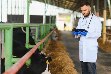 Veterinarian wearing gloves and using tablet examining cows in modern barn, ensuring health and productivityの写真素材