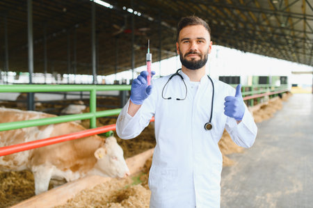 Veterinarian wearing lab coat and stethoscope holding a syringe and showing thumbs up gesture, standing in a cowshedの写真素材