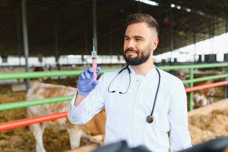 Veterinarian holding syringe with vaccine, preparing to vaccinate cows in barn on a farm, ensuring livestock health and disease preventionの写真素材