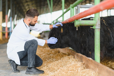 Veterinarian wearing gloves performing medical examination on a black cow inside a barn, ensuring animal health and welfare in modern farming practicesの写真素材