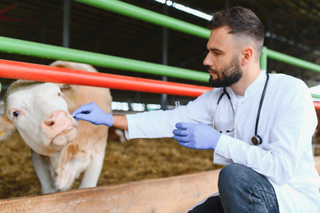 Veterinarian collecting nasal mucus from a cow for diagnostic testing, ensuring animal health and farm productivityの写真素材