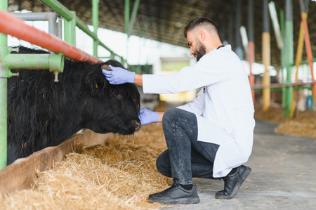 Veterinarian wearing gloves carefully examining the ear of a black cow in a modern farm environment,...
