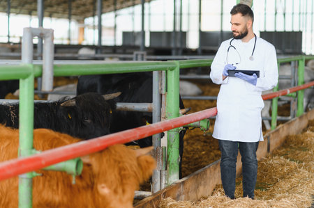 Veterinarian using digital tablet and wearing gloves and stethoscope while examining cows in barn