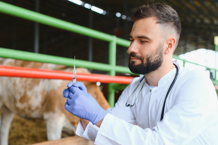 Veterinarian wearing gloves and holding a syringe, preparing to administer a vaccination to a cow inside the barnの写真素材