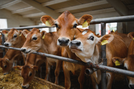Jersey calves standing in a barn, peering out from behind a metal fence, eagerly waiting for their feeding timeの写真素材