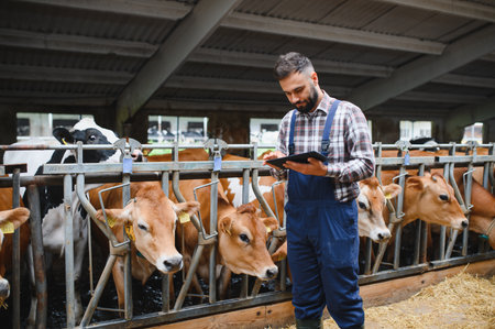 Farmer using digital tablet while monitoring cows in modern barn, showcasing integration of technology in agriculture for efficient livestock managementの写真素材
