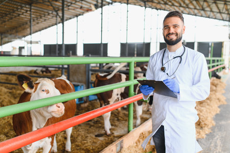 Veterinarian wearing lab coat and stethoscope writing on clipboard while inspecting cows in a stable, ensuring animals health and farm productivityの写真素材