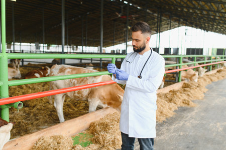 Veterinarian wearing white coat and stethoscope preparing a syringe for cows vaccination in a barnの写真素材