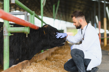 Young veterinarian examining a black cow in a barn, providing medical care and ensuring the health of livestock on a farmの写真素材