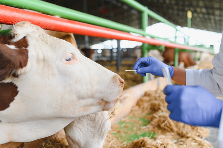 Veterinarian wearing gloves conducting a nasal swab on a cow at a farm, ensuring proper examination and treatment for animal healthの写真素材