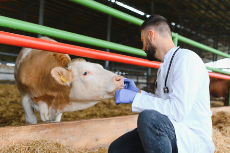 Veterinarian wearing gloves examining cow's mouth in barn, providing essential healthcare and ensuring animal welfare on farmの写真素材
