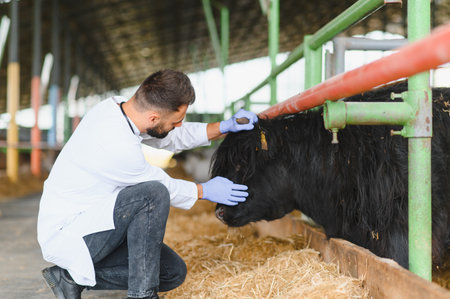 Veterinarian wearing gloves examining a black cow inside a barn, providing essential healthcare for...