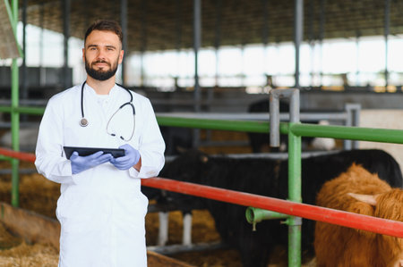 Veterinarian wearing white coat and blue gloves using digital tablet while examining cows in barn,...