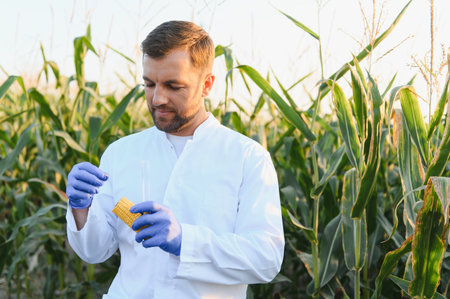Agronomist wearing lab coat and gloves taking samples of corn on the cob in a cultivated field for...