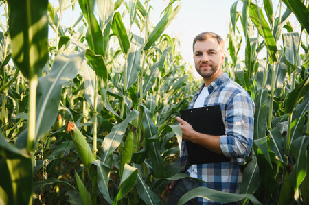 Farmer holding clipboard is checking growth of corn plants in cultivated field, ensuring healthy...