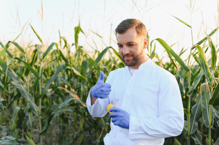 Agronomist wearing lab coat and gloves holds corn cob and shows thumbs up, satisfied with the good quality of the product in cultivated corn fieldの写真素材