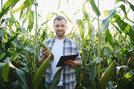 Farmer holding corn cob and digital tablet, smiling in cultivated corn field, using modern technologies in agricultureの写真素材