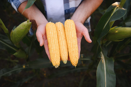 Farmer holding ripe corn cobs, celebrating a fruitful harvest amidst a vibrant cornfield, showing...